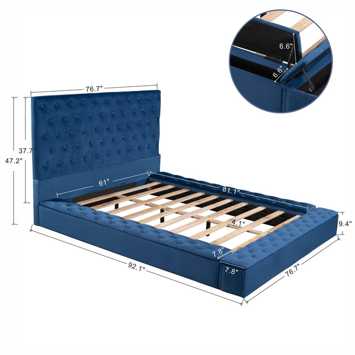 Queen Size Upholstery Low ProfileStorage Platform Bed withStorage Space on both Sides and Footboard,Blue