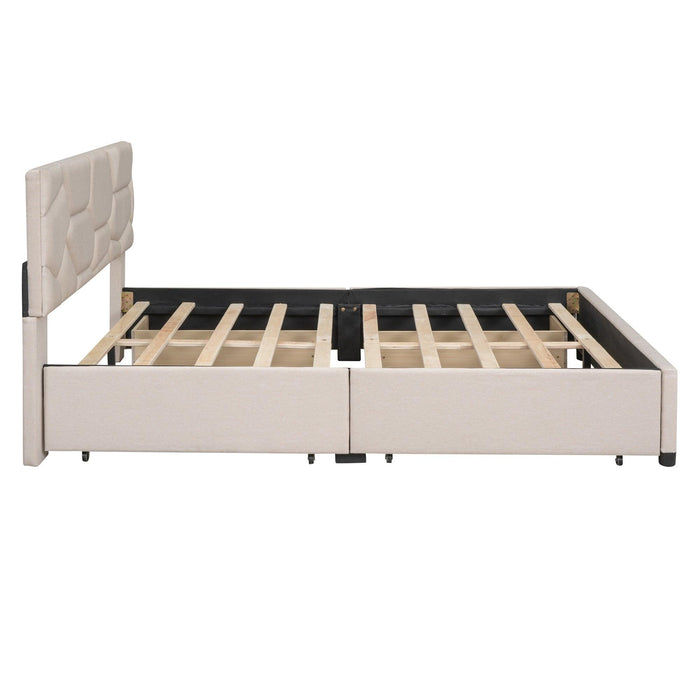 Queen Size Upholstered Platform Bed with Brick Pattern Heardboard and 4 Drawers, Linen Fabric, Beige