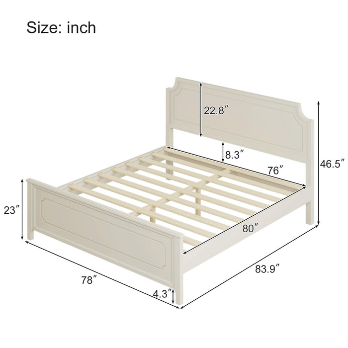 6 Pieces Bedroom Sets Milky White Solid Rubber Wood King Size Platform Bed with Nightstand*2, Chest, Mirror and Dresser