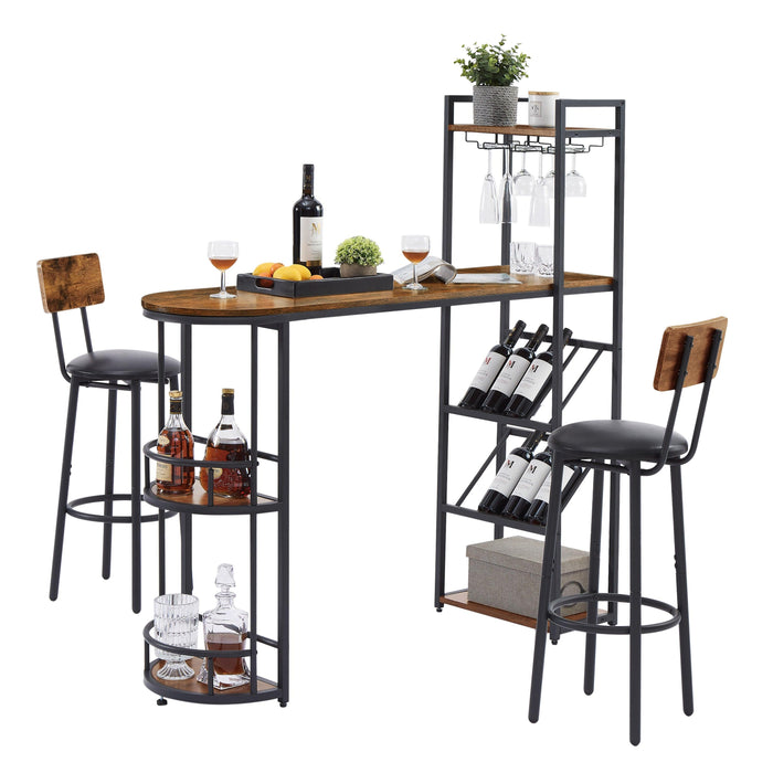 Bar table and stool set with 2 bar stools, with bottle holder, glass holder and side organizer, multifunctional high bar table with space for 8 bottles and 9 glasses.