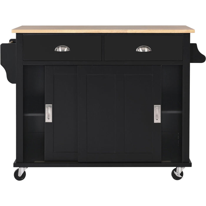 Kitchen Cart with Rubber wood Drop-Leaf Countertop, Concealed sliding barn door adjustable height,Kitchen Island on 4 Wheels withStorage Cabinet and 2 Drawers,L52.2xW30.5xH36.6 inch, Black