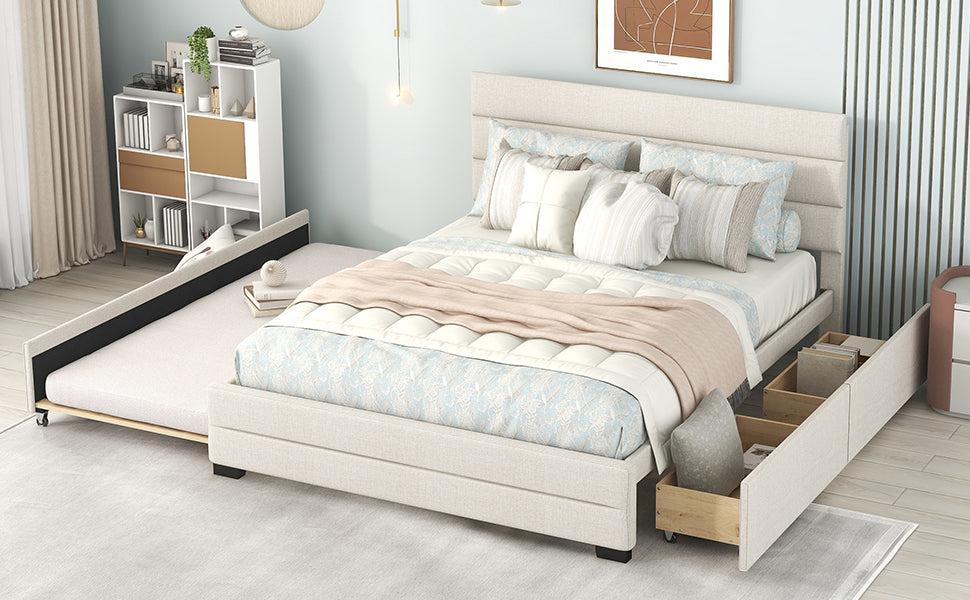 Queen Upholstered Platform Bed with Twin Size Trundle and Two Drawers, Beige