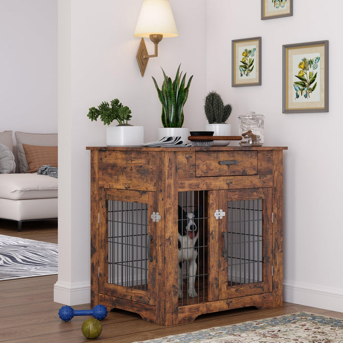 Furniture Style Dog Crate End Table with Drawer, Pet Kennels with Double Doors , Dog House Indoor Use, （Rustic Brown，29.92”w x 24.80”d x 30.71”h）