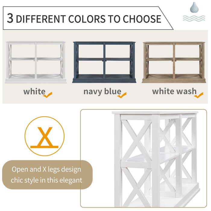 Console Table with 3-Tier OpenStorage Spaces and "X" Legs, Narrow Sofa Entry Table for Living Room (White)