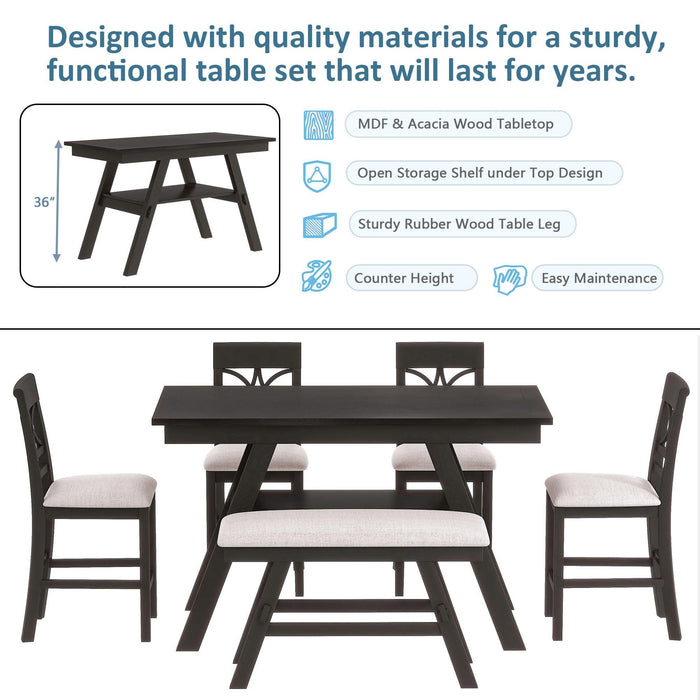 6-Piece Wood Counter Height Dining Table Set withStorage Shelf, Kitchen Table Set with Bench and 4 Chairs,Rustic Style,Espresso+Beige Cushion