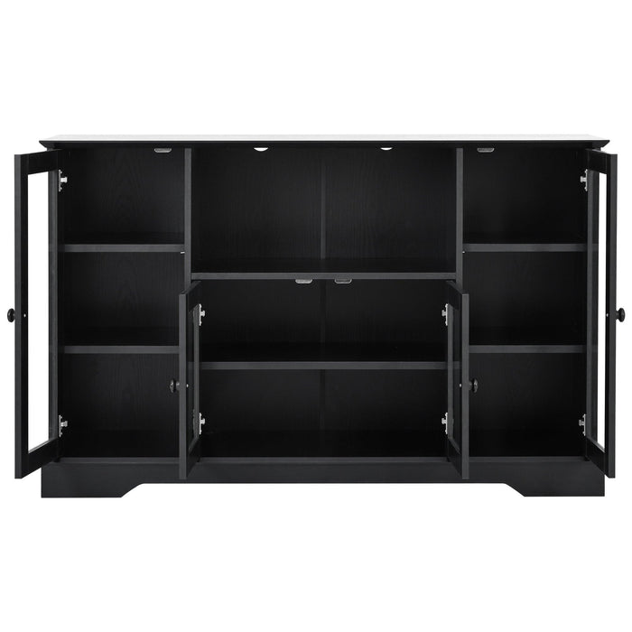 TV Stand for TV up to 60in with 4 Tempered Glass Doors Adjustable Panels Open Style Cabinet, Sideboard for Living room, Black