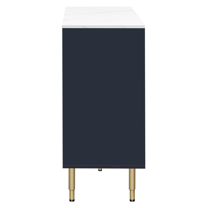 Modern Sideboard MDF Buffet Cabinet Marble Sticker Tabletop and Amber-yellow Tempered Glass Doors with Gold Metal Legs & Handles (Navy Blue)