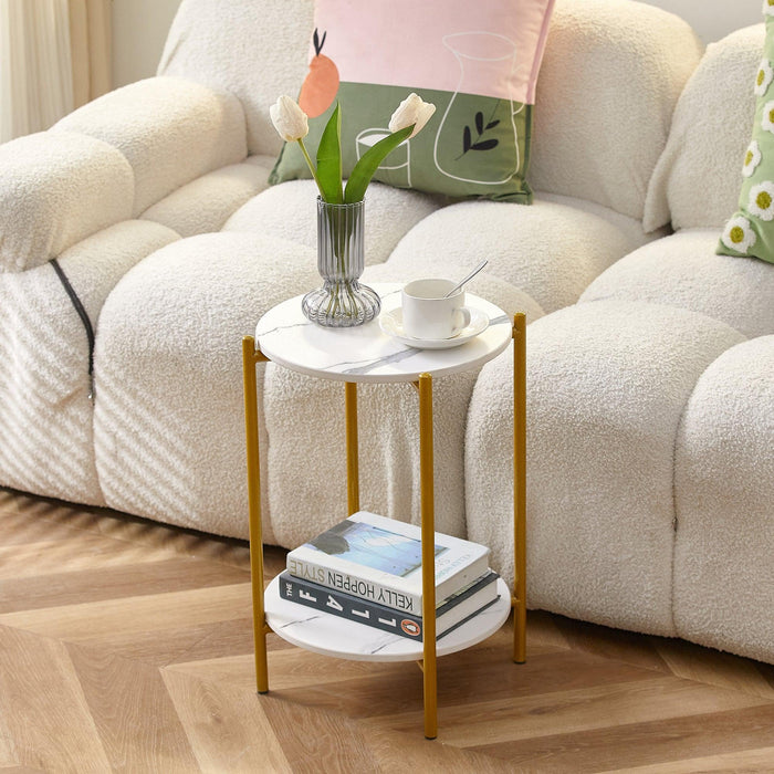 2-layer End Table with Whole  Marble Tabletop, Round Coffee Table with Golden Metal Frame for Bedroom Living Room Office (White,1 piece)