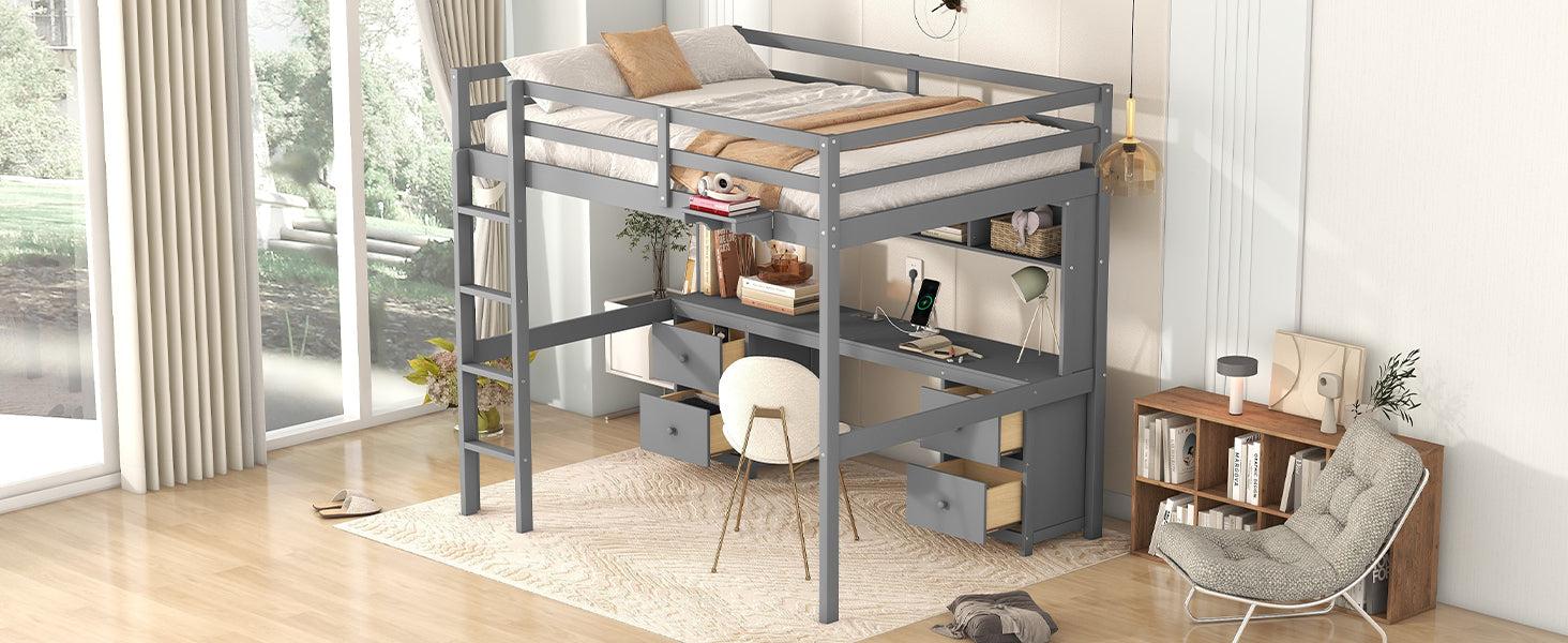 Full Size Loft Bed with Desk, Cabinets, Drawers and Bedside Tray, Charging Station, Gray