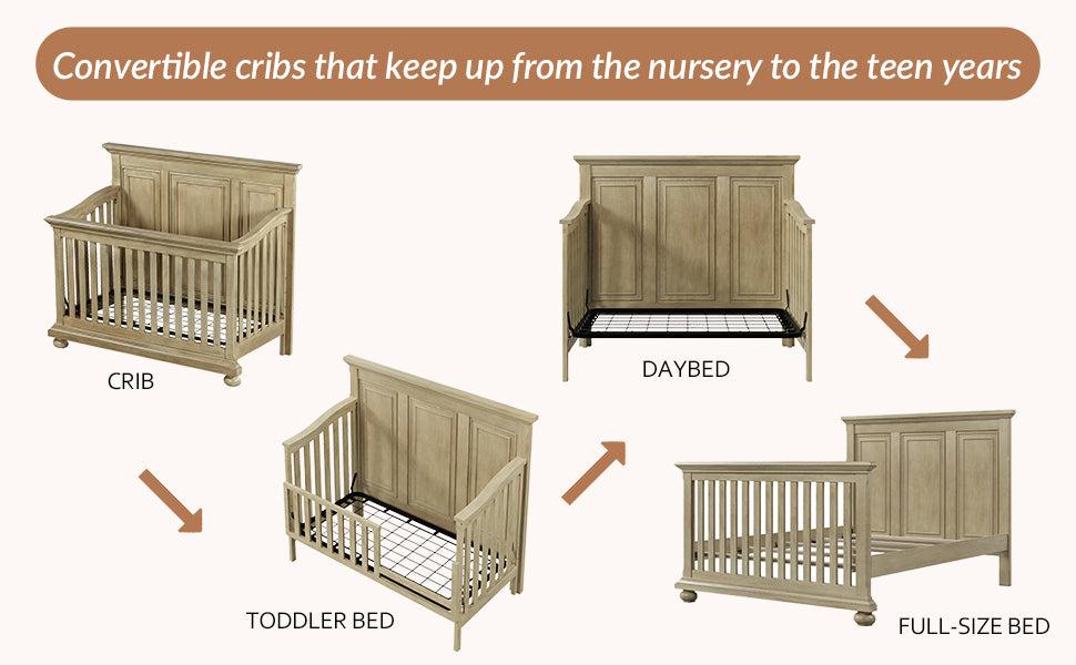 3 Pieces Nursery Sets Traditional Farmhouse Style 4-in-1 Convertible Crib +Dresser with Changing Topper, Stone Gray