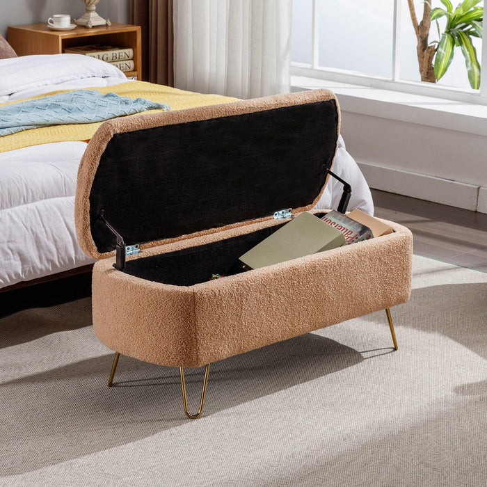 CamelStorage Ottoman Bench for End of Bed Gold Legs,Modern Camel Faux Fur Entryway Bench Upholstered Padded withStorage for Living Room Bedroom