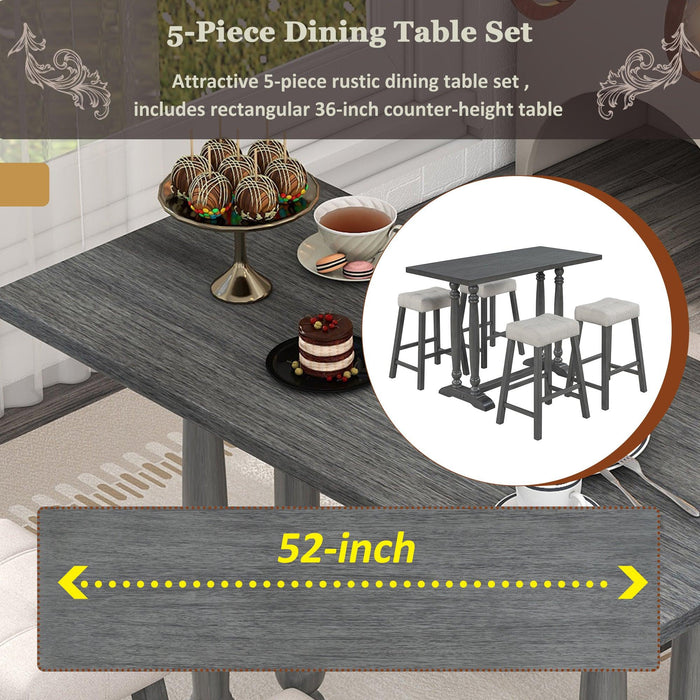 5-Piece Dining Table Set, Counter Height Dining Furniture with a Rustic Table and 4 Upholstered Stools for Kitchen, Dining Room (Gray)