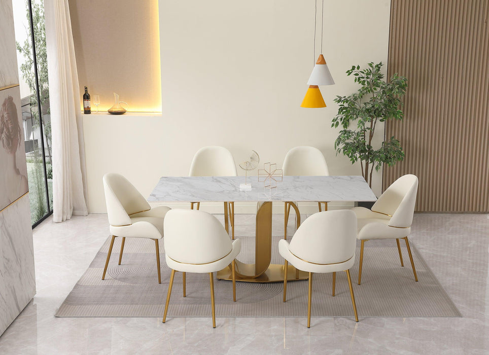 71" Contemporary Dining Table in Gold with Sintered Stone Top and  U shape Pedestal Base in Gold finish with 6 pcs Chairs .