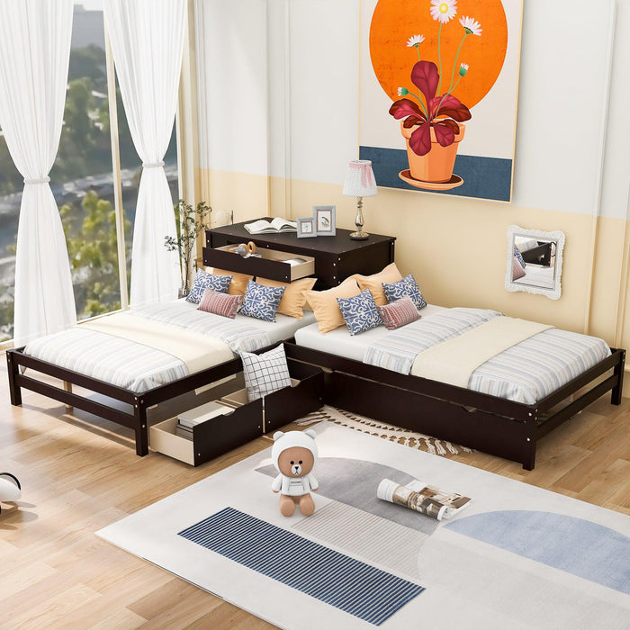 Full Size L-shaped Platform Beds with Twin Size Trundle and Drawers Linked with Built-in Rectangle Table,Espresso