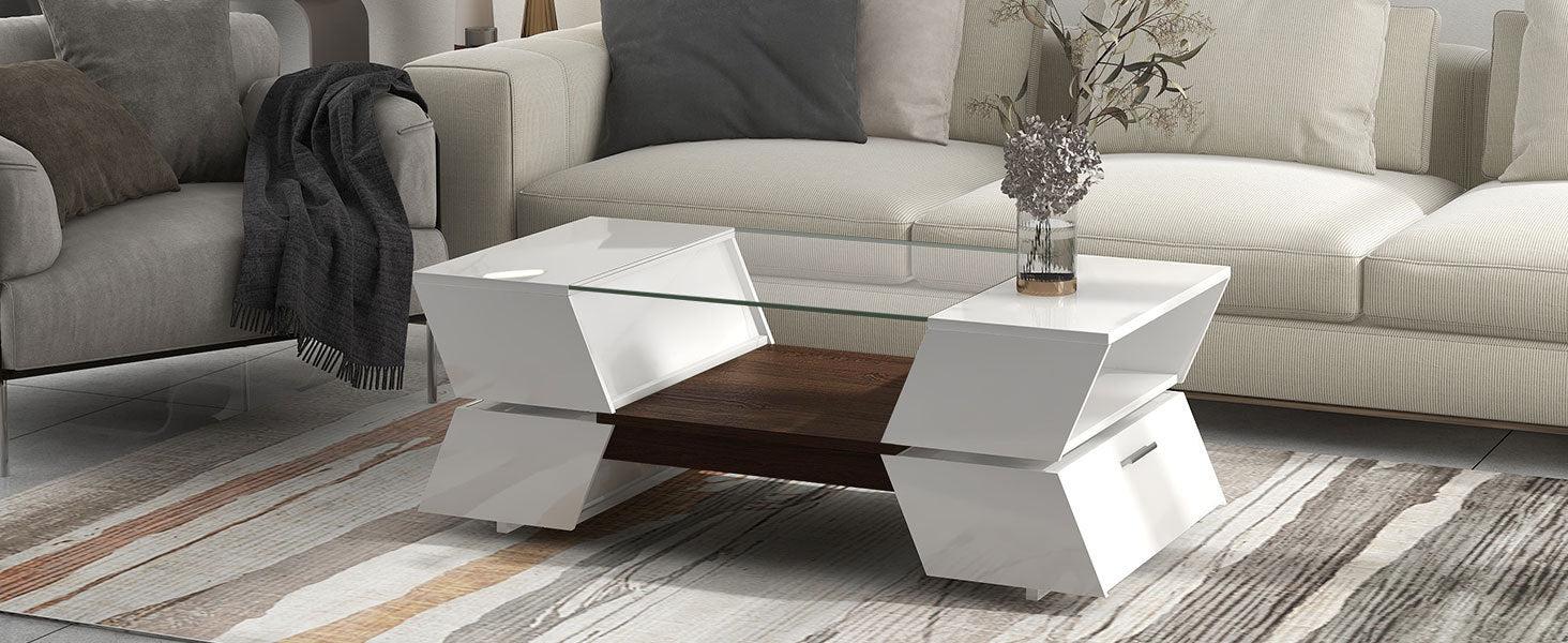 6mm Glass-Top Coffee Table with Open Shelves and Cabinets, Geometric Style Cocktail Table with GreatStorage Capacity,Modernist 2-Tier Center Table for Living Room, White