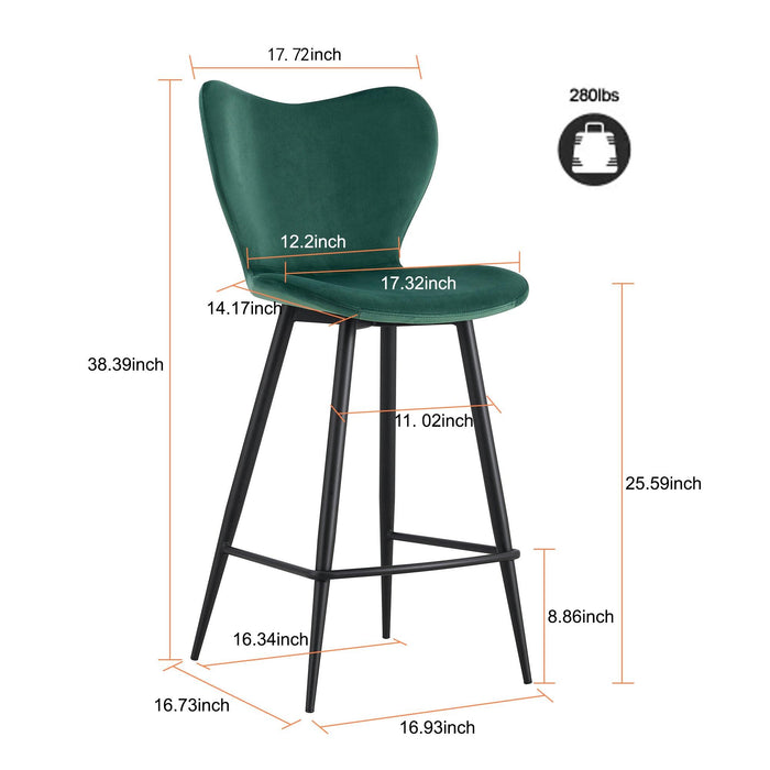 Dark Green Velvet Chair Barstool Dining Counter Height Chair Set of 2