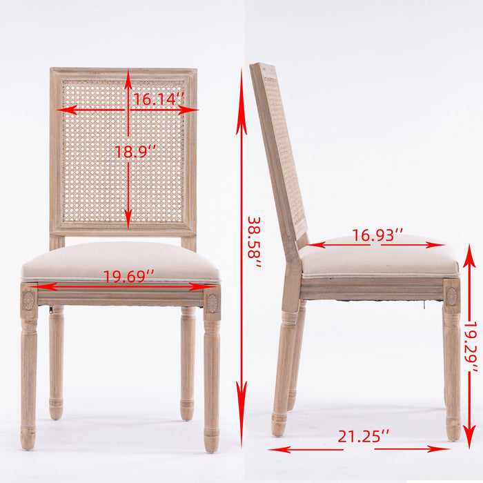 French Style Solid Wood Frame Linen Fabric Antique Painting Rattan Back Dining Chair ,Seat of 2,Cream