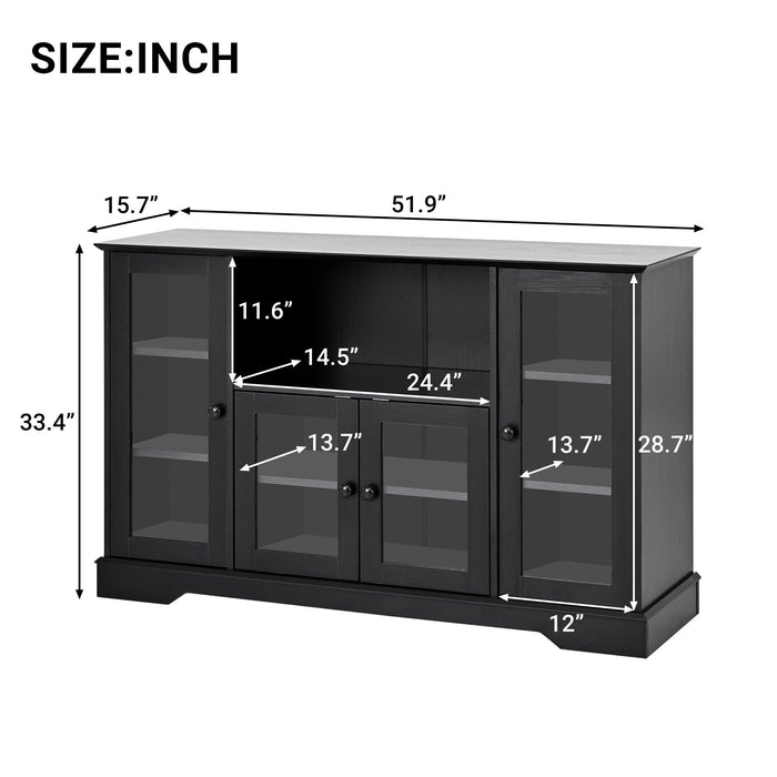 TV Stand for TV up to 60in with 4 Tempered Glass Doors Adjustable Panels Open Style Cabinet, Sideboard for Living room, Black