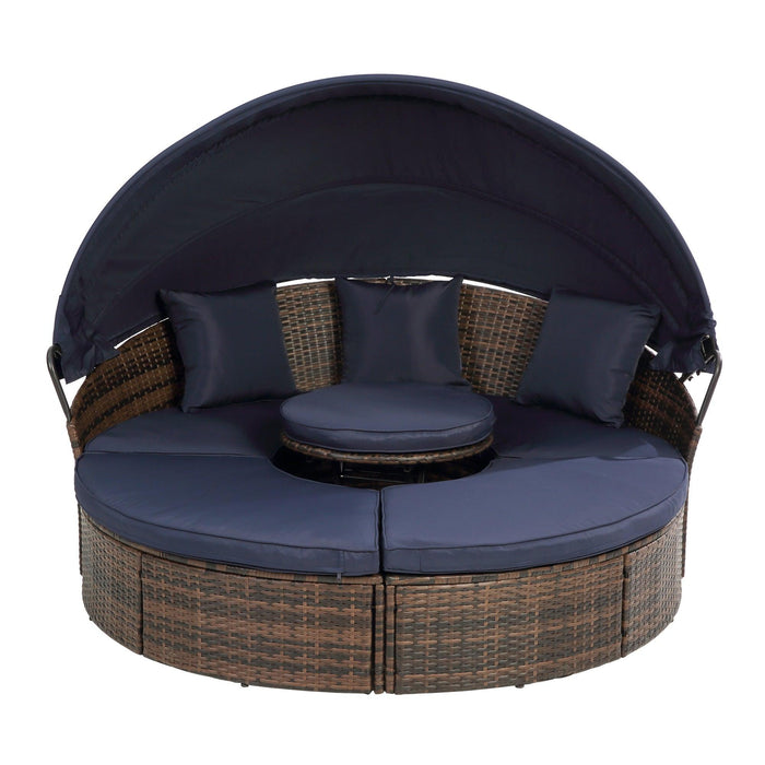 Rattan Round Lounge With Canopy Bali Canopy Bed Outdoor, Wicker Outdoor Sofa Bed with lift coffee table