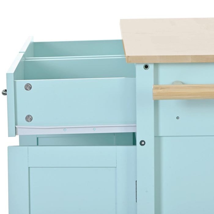 Kitchen Island Cart with 4 Door Cabinet and Two Drawers and 2 Locking Wheels - Solid Wood Top, Adjustable Shelves, Spice & Towel Rack（Mint Green）