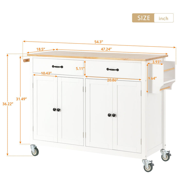 Kitchen Island Cart with Solid Wood Top and Locking Wheels，54.3 Inch Width，4 Door Cabinet and Two Drawers，Spice Rack, Towel Rack （White）