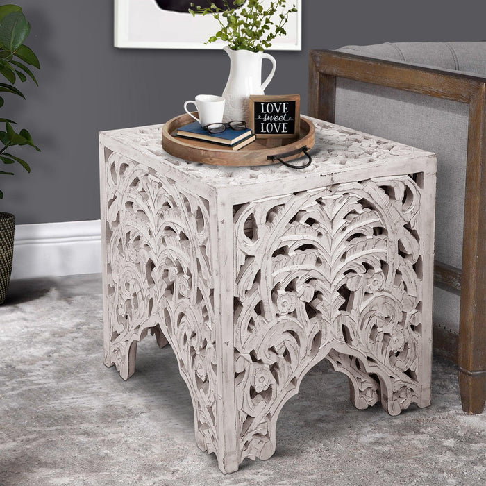 Wooden End Table with Floral Cut Out Design, Set of 2, Antique White