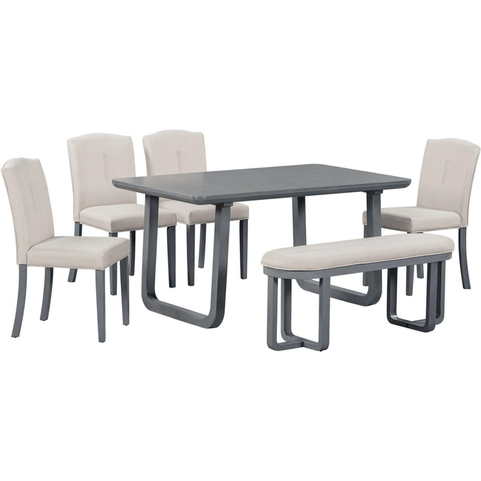 6-Piece Retro-Style Dining Set Includes Dining Table, 4 Upholstered Chairs & Bench with Foam-covered Seat Backs&Cushions for Dining Room (Gray+Beige)