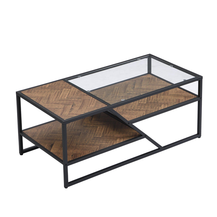 Black Coffee Table withStorage Shelf, Tempered Glass Coffee Table with Metal Frame for Living Room&Bedroom