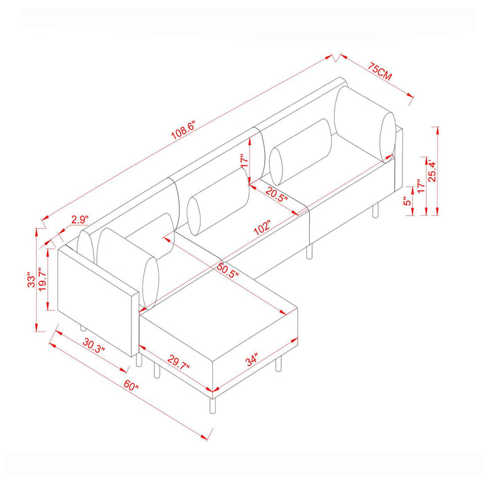 Modern Luxury Sectional Sofa Couch Quality Upholstery L Shape Sofa lden Metal Leg with Convertible Ottoman Chaise Grey