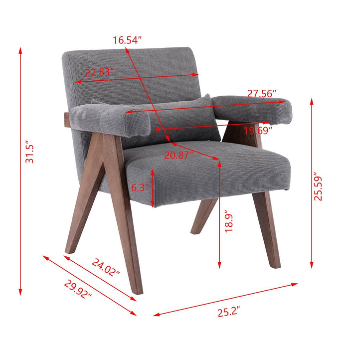 Accent chair, KD rubber wood legs with Walnut finish. Fabric cover the seat. With a cushion.Grey