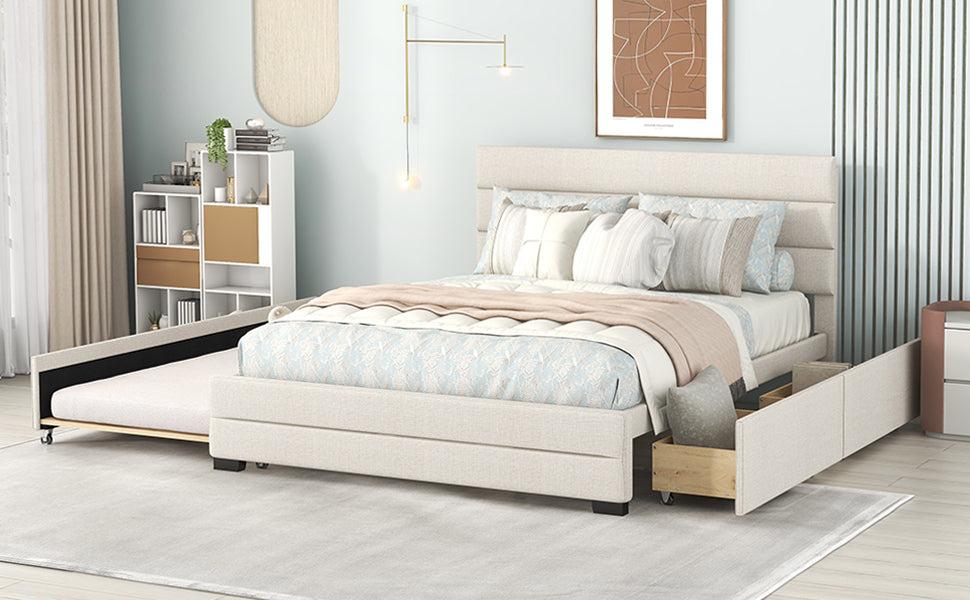 Queen Upholstered Platform Bed with Twin Size Trundle and Two Drawers, Beige