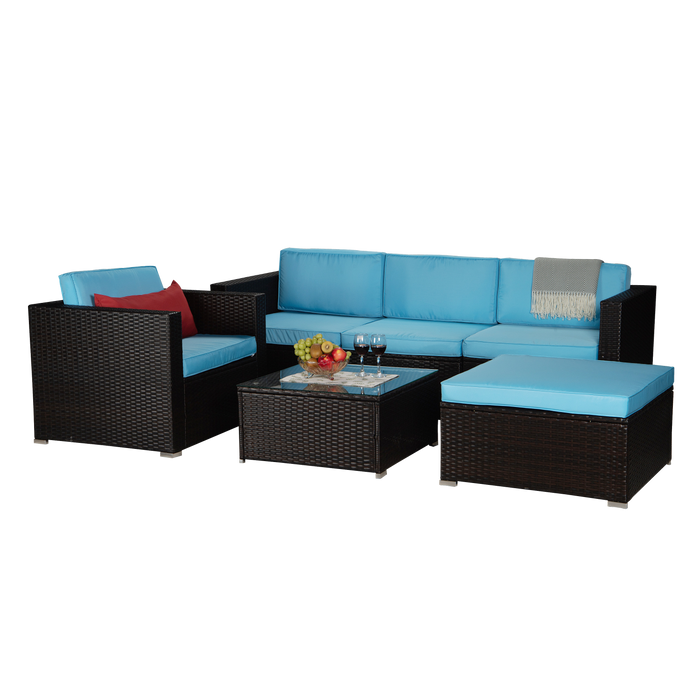 Outdoor Garden Patio Furniture 6-Piece Brown PE Rattan Wicker Sectional Blue Cushioned Sofa Sets with 1 Red Pillow