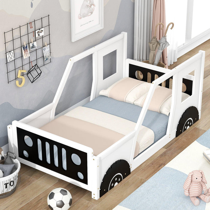 Twin Size Classic Car-Shaped Platform Bed with Wheels,White