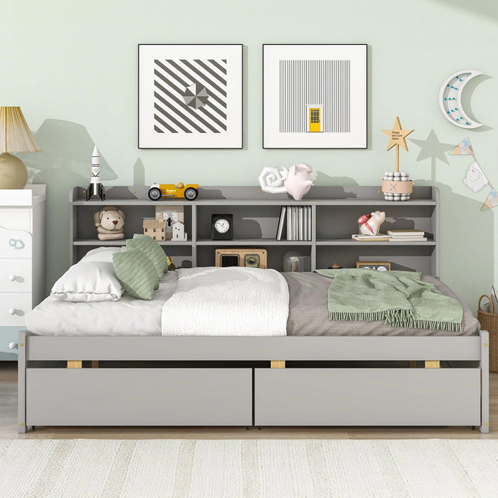 Full Bed with Side Bookcase, Drawers,Gray