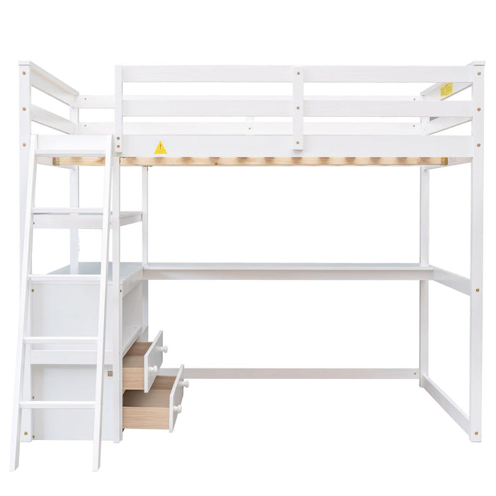 Full Size Loft Bed with Desk and Shelves,Two Built-in Drawers,White