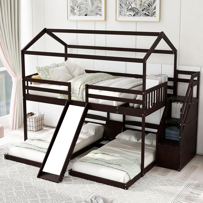 Full over Twin and Twin House Shaped Bunk Bed withStorage Staircase, Drawer , Slide, and Shelf - Espresso