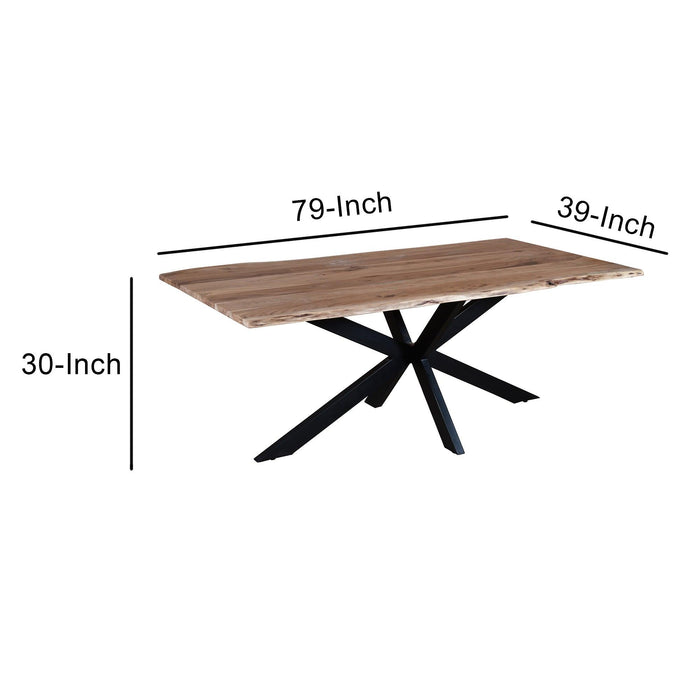 79 Inch Rectangular Live Edge Top ManWood Dining Table, Crossed Legs, Brown, Black