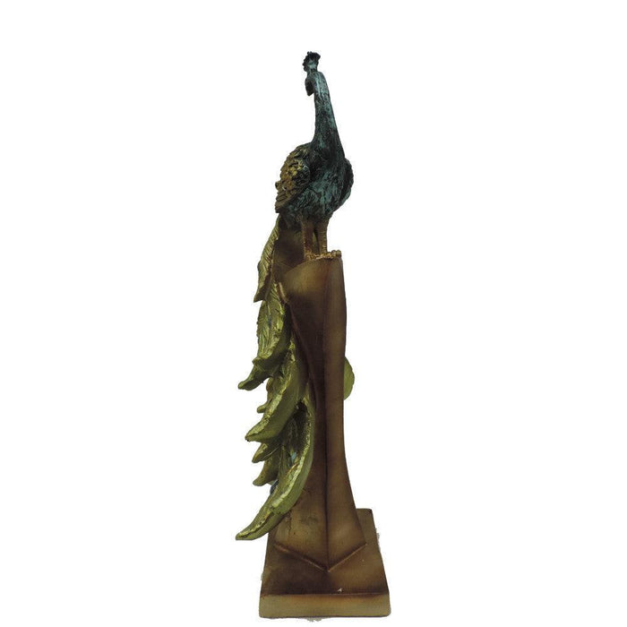 Polystone Decorative Peacock Figurine with Block Stand, Green and Gold