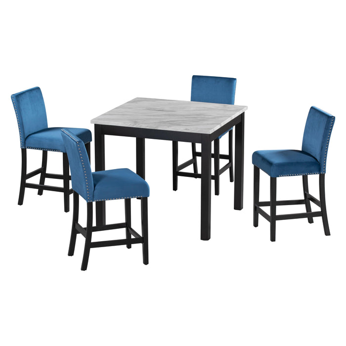 5-piece Counter Height Dining Table Set with One Faux Marble Dining Table and Four Upholstered-Seat Chairs, Table top: 40in.L x40in.W, for Kitchen and Living room Furniture,Blue