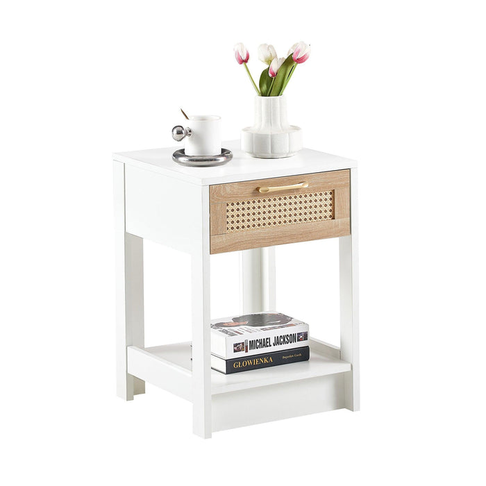 15.75" Rattan End table with  drawer,Modern nightstand, side table for living roon, bedroom,white