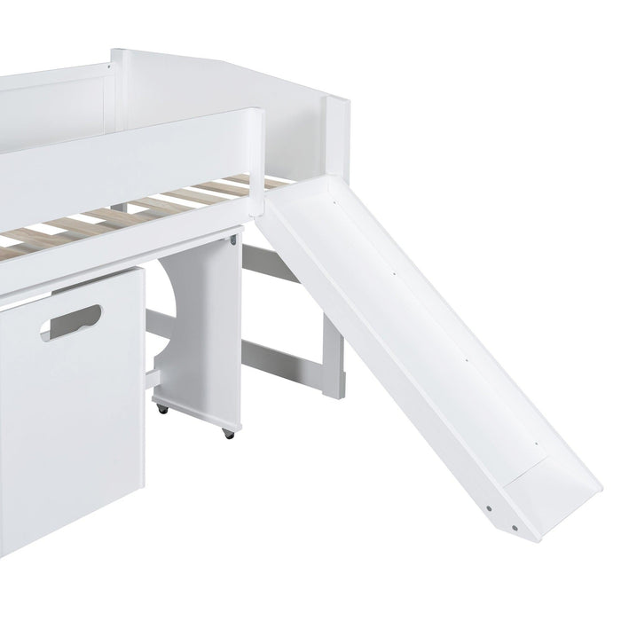 Low Study Twin Loft Bed with Rolling Portable Desk and Chair,Multiple Functions Bed- White