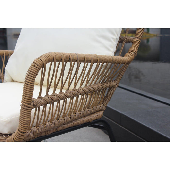 3 PCS Outdoor Patio Balcony Natural Color Wicker Chair Set with Beige Cushion and Round Tempered Glass Table(New)