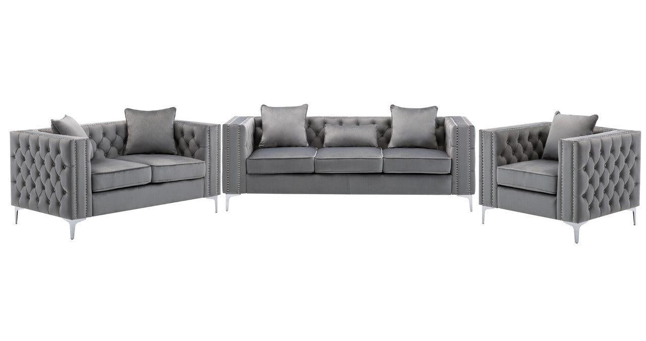 Lorreto Gray Velvet Fabric Sofa Loveseat Chair Living Room Set