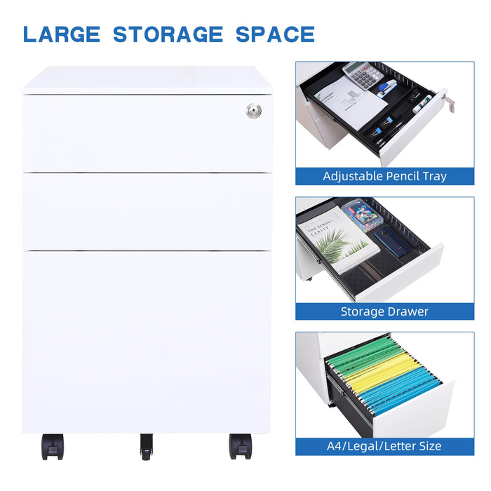 3 Drawer Mobile File Cabinet with Lock Steel File Cabinet for Legal/Letter/A4/F4 Size, Fully Assembled Include Wheels, Home/ Office Design