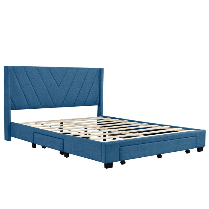 Queen SizeStorage Bed Linen Upholstered Platform Bed with 3 Drawers (Blue)