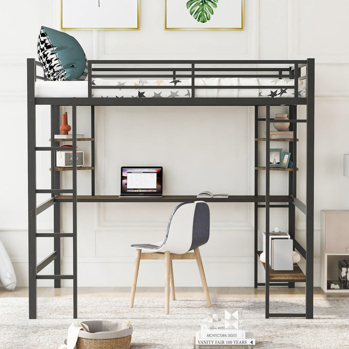 Full Size Loft Metal&MDF Bed with Long Desk and Shelves,Black