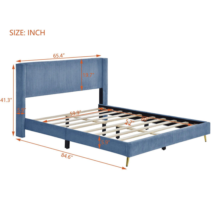 Queen Size Corduroy Platform Bed with Metal Legs, Blue