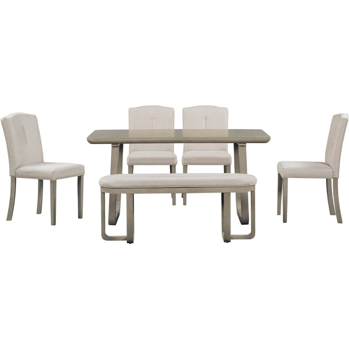 6-Piece Retro-Style Dining Set Includes Dining Table, 4 Upholstered Chairs & Bench with Foam-covered Seat Backs&Cushions for Dining Room (Light Khaki+Beige)