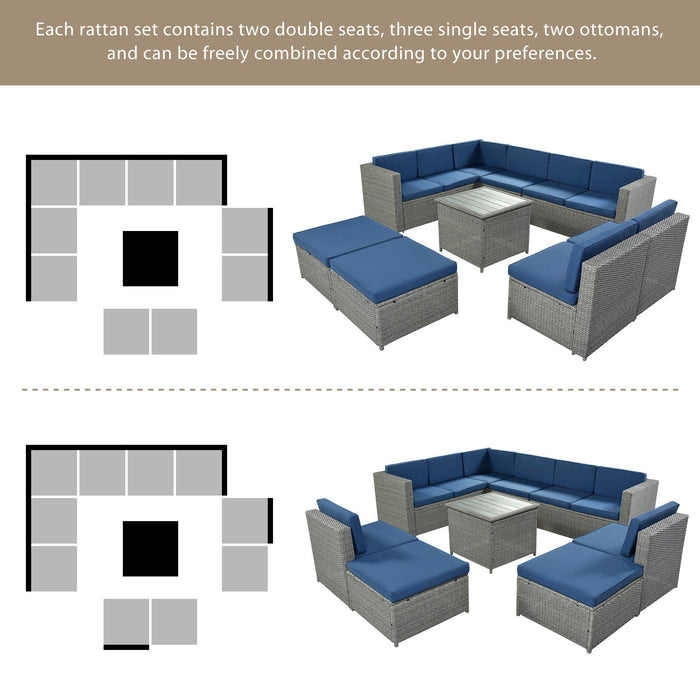 9 PCS Outdoor Gray Rattan Sectional Seating Group with Blue Cushions and Ottoman