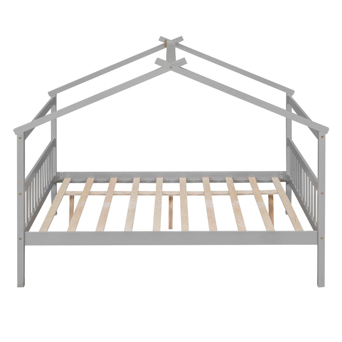 Full Size Wooden House Bed with Twin Size Trundle, Gray